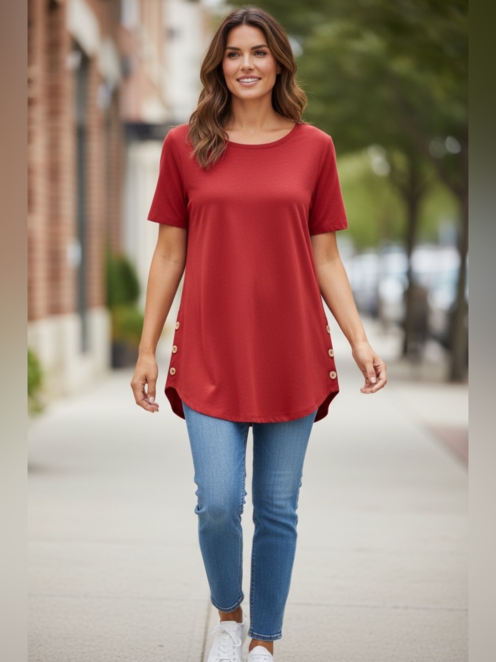 Zenana Outfitters Short Sleeve Tunic Top - Brick Red with Button Side Detail
